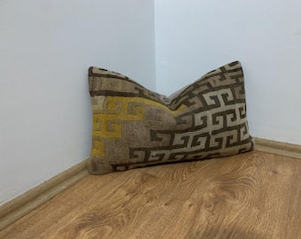 Mid-Century Modern Kilim Pillow Cover, Colorful Lumbar Throw Pillows, 12x20 Pillow Case, Small Turkish Cushion
