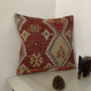 Terracotta Throw Pillow 16x16 -Square Couch Pillow Cover -Southwestern Decor -Turkey Kilim Pillow Cushion -Carpet Rug Pillow -Turkish Pillow