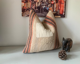 Beige Rust Striped Couch Pillows 16x16 Turkish Pillow Cover, Kilim Throw Pillowcase, Patchwork Decor, Hemp Cushion