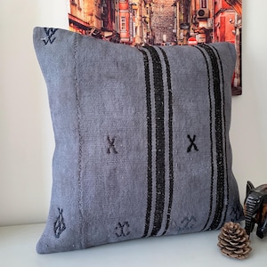 Indigo Black Vintage Kilim Pillow Cover 20x20 – Striped Rustic Throw Cushion, Turkish Decorations, Office Decor