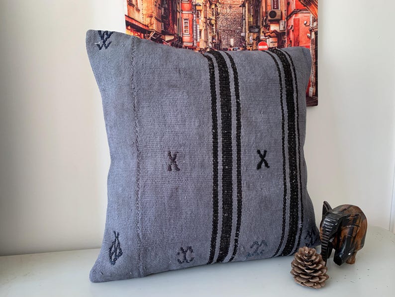 Indigo Black Vintage Kilim Pillow Cover 20x20 – Striped Rustic Throw Cushion, Turkish Decorations, Office Decor