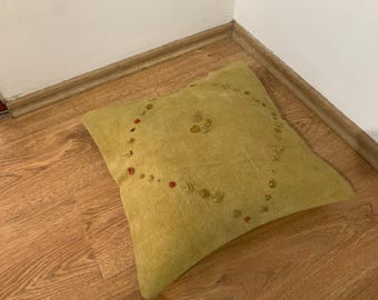 16x16 Vintage Kilim Pillow Cover | Mustard Throw Pillowcase Boho, Sofa Decorations, Embroidered Turkish Rug Cushion for Couch