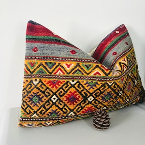 16x24 Turkish Kilim Pillow Wool -Blue Yellow Red -Couch Throw Pillow Cover -Vintage Carpet Cushion -Geometric Lumbar Pillowcase -Chair Decor