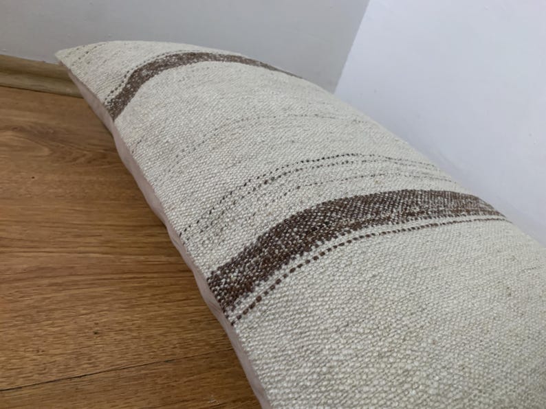 Vintage Lumbar Kilim Pillow Cover 16x24, Cream Brown Striped Pillows, Rustic Room Decor, Turkish Sofa Pillowcase image 8