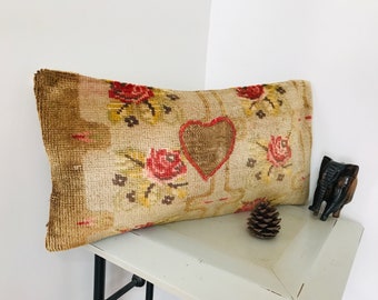 Carpet Throw Pillow -12X24 Pillow Cover -Floral Home Decor -Turkish Rug Pillow -Chair Design -Lumbar Pillow -Kilim Pillow Case -Long Cushion