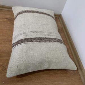 Vintage Lumbar Kilim Pillow Cover 16x24, Cream Brown Striped Pillows, Rustic Room Decor, Turkish Sofa Pillowcase