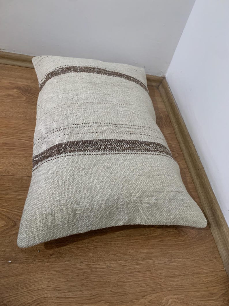 Vintage Lumbar Kilim Pillow Cover 16x24, Cream Brown Striped Pillows, Rustic Room Decor, Turkish Sofa Pillowcase