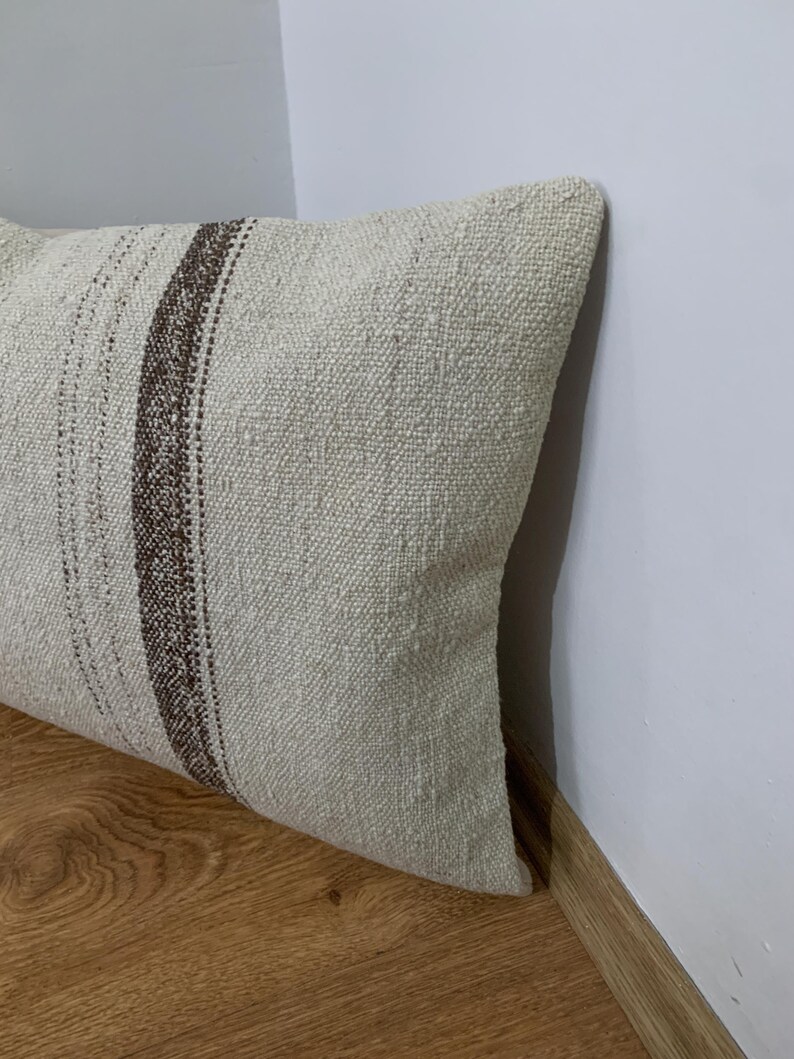 Vintage Lumbar Kilim Pillow Cover 16x24, Cream Brown Striped Pillows, Rustic Room Decor, Turkish Sofa Pillowcase image 10