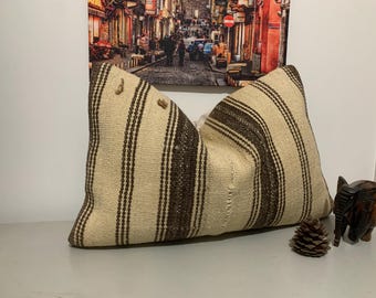 Beige Brown Boho Pillow Cover 16x24 -Kilim Throw Pillow -Natural Home Decor -Turkish Lumbar Pillow -Decorative Item -Rectangle Floor Cushion
