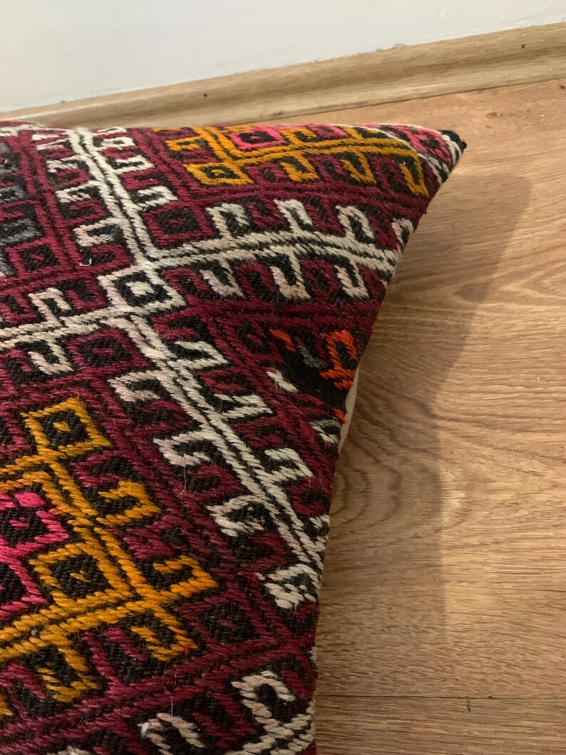 Red Kilim Pillow Cover 16x16 | Turkey Throw Pillowcase, Turkish Rug Cushion ⇻ Antique Pillows Sham, Bench Decor image 7