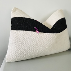 16x24 Lumbar Pillow, Turkish Pillow Cover | Black Cream Large Floor Pillow ⇻ Cushion Couch Accent Boho Pillow Case ⇻ Hemp Kilim Pillow Cover