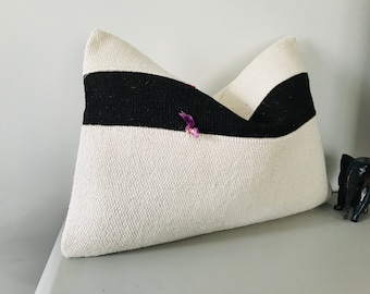 16x24 Lumbar Pillow, Turkish Pillow Cover | Black Cream Large Floor Pillow ⇻ Cushion Couch Accent Boho Pillow Case ⇻ Hemp Kilim Pillow Cover