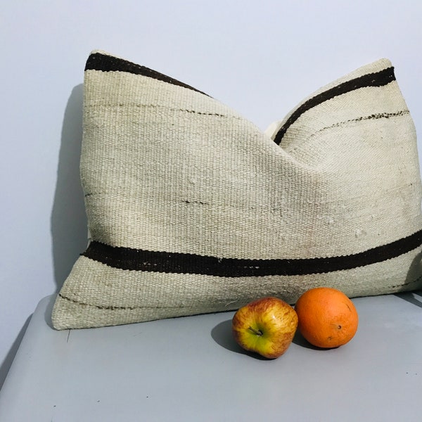 Pastel Kilim Pillow Case | 16x24 inch | Rectangular Turkish Cushion | Natural Throw Pillow Cover | Farmhouse Decor | Striped House Design