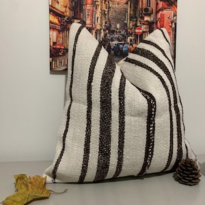 Vintage Kilim Pillow Cover 20x20 -Black White Cushion -Striped Throw Pillow -Rustic Decor -Farmhouse Pillow -Handmade Turkish Hemp Pillow