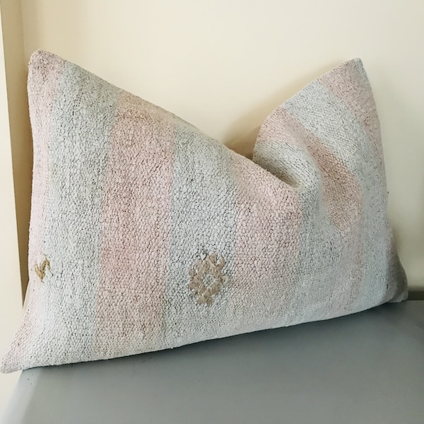 Funda de almohada rosa gris -16x24 almohada Kilim turca -Couch Throw Pillow -Cojín de decoración al aire libre -Rectangle Boho Pillow Stripe Hemp Pillow Cover