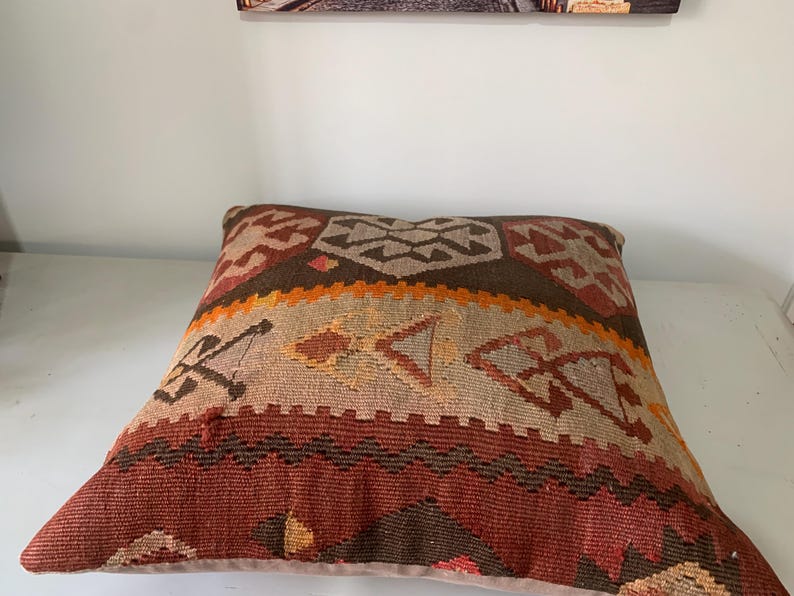 Vintage Kilim Pillow Covers 20x20, Multi Color Throw Pillows, Interior Decor, Antique Turkish Pillowcase, Wool Square Cushion