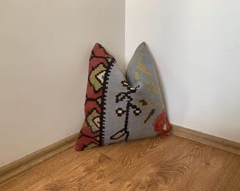Decorative Throw Kilim Pillow Cover (16x16), Floral Turkish Wool Pillows, Victorian Decor, Blue Cushion