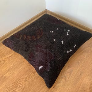 Vintage Rug Pillow 20x20: Mid-Century Modern, Black Throw Pillow Cover Cushion, Floral Turkish Kilim Pillow, Home Decor Gift