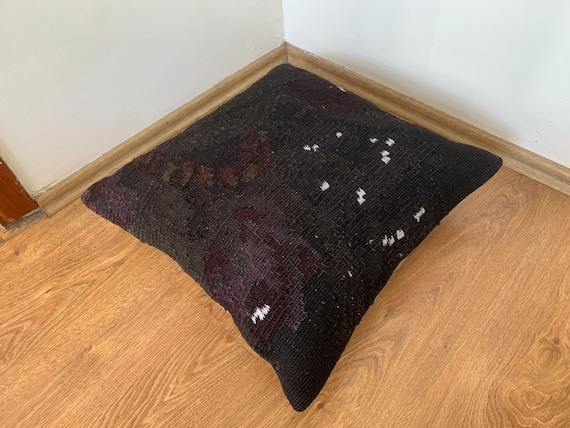 Vintage Rug Pillow 20x20: Mid-Century Modern, Black Throw Pillow Cover Cushion, Floral Turkish Kilim Pillow, Home Decor Gift