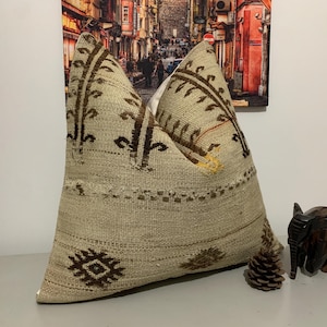 20x20 Wool Throw Pillow Case | Vintage Kilim Pillow Cover, Embroidered Pillow ⇻ Large Floor Cushion, Oriental Turkish Pillow ⇻ Office Decor