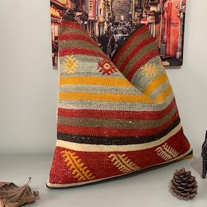 Pastel Turkish Kilim Pillow 20x20 | Vintage Cushion ⇻ Large Pillow Textured Accent Pillow Case ⇻ Geometric Pillow -Carpet Throw Pillow Cover