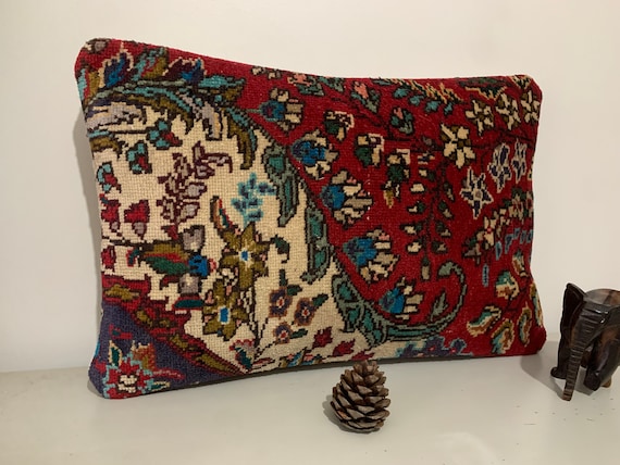Floral Throw Pillow Cover 16x24 -Rectangle Turkish Kilim Pillow -Carpet Rug Pillow Case -Decorative Pillow -Anatolian Cushion -Decor Pillow