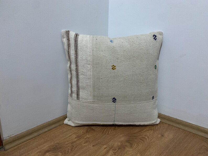 Textured Boho Kilim Pillow Cover 20x20, Mid-Century Modern, Large Couch Cushion, Patchwork Pillows Throw, Beige Brown, Room Decor