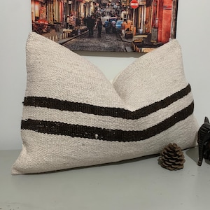 Può includere: Cuscino color crema con due strisce marrone scuro. Il cuscino è realizzato in tessuto intrecciato. Un piccolo elefante di legno e una pigna sono accanto al cuscino.