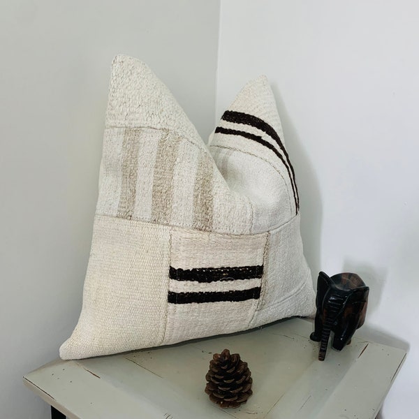 Black White Throw Pillow Cover 20x20 -Turkey Kilim Pillow Cover -Bohemian Decor -Hemp Cushion -Square Couch Pillow -Large Rug Carpet Pillow