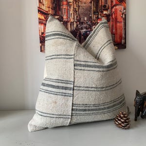 Striped Patchwork Pillows 20x20, Couch Throw Kilim Pillow Cover, Turkish Hemp Cushion, Beige Gray