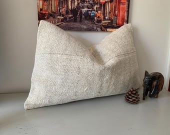 16x24 Off-White Couch Pillow -Rectangle Kilim Pillow -Patchwork Throw Pillow Cover -Hemp Lumbar Pillow -Minimalist Decor -Turkish Cushion