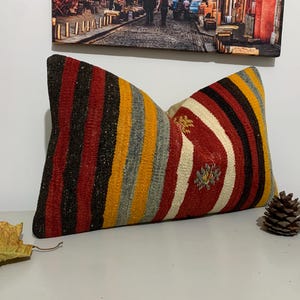 Bohemian Kilim Pillow, Turkish Lumbar Pillow Cover 12x20 -Handwoven Pillow -Office Decor -Vintage Throw Pillow -Couch Pillow -Cushion  Case