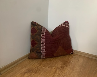 Terrakotta Dekokissen-Bezug 16x20 cm - Raumdeko - Woll-Kelimkissen Lendenwirbelsäule - Türkisches dekoratives Kissen - Teppich Kissenbezug - Büro-Akzent