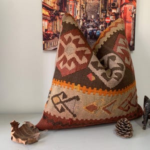 Vintage Kilim Pillow Covers 20x20, Multi Color Throw Pillows, Interior Decor, Antique Turkish Pillowcase, Wool Square Cushion