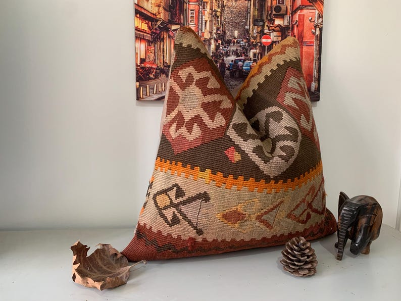 Vintage Kilim Pillow Covers 20x20, Multi Color Throw Pillows, Interior Decor, Antique Turkish Pillowcase, Wool Square Cushion