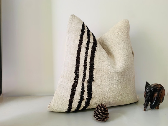 Striped Kilim Pillow -20x20 Square Pillow Case -Vintage Hemp Cushion -Turkish Throw Pillow Cover -Rustic Decor -Decorative Pillow for Couch