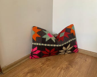 Funda de almohada Kilim turca vintage – Funda de almohada lumbar de lana de 30x50 cm - Decoración para el hogar y la oficina