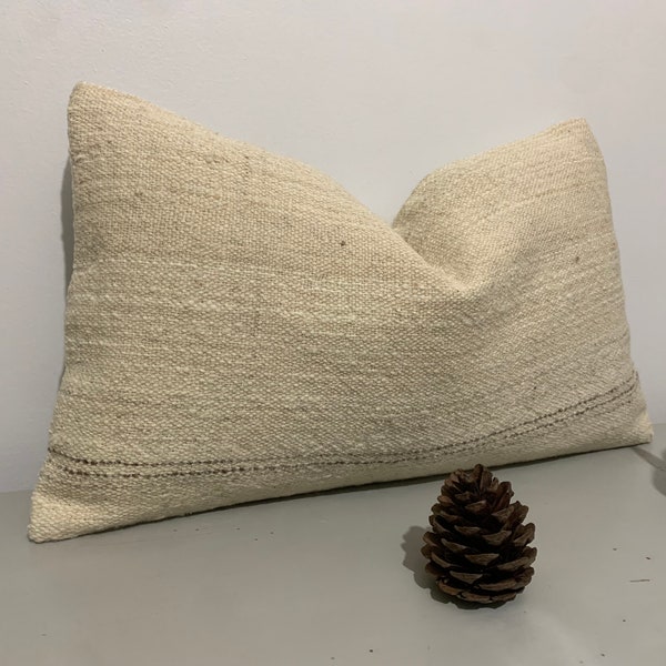Wool Turkey Kilim Pillow Cover 12x20 -Couch Decor -Throw Pillow Bolster -Turkish Cushions -Pink Beige Boho Pillow -Decorative Lumbar Pillow
