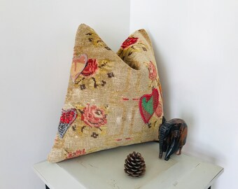 Floral Rug Pillow Cover 20x20 -Carpet Cushion Cover -Turkish Pillow Cover -Big Couch Pillow -Sofa Design -Square Kilim Pillow -Throw Pillow