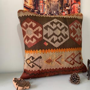 Vintage Kilim Pillow Covers 20x20, Multi Color Throw Pillows, Interior Decor, Antique Turkish Pillowcase, Wool Square Cushion