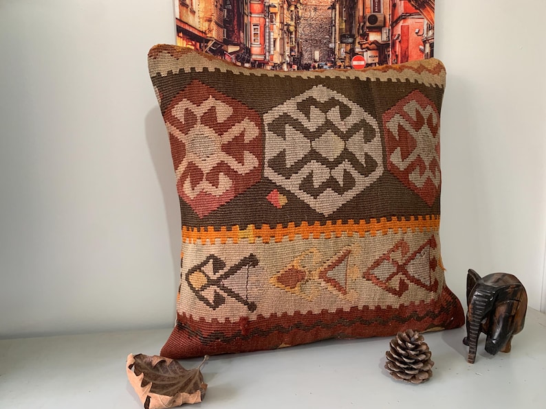 Vintage Kilim Pillow Covers 20x20, Multi Color Throw Pillows, Interior Decor, Antique Turkish Pillowcase, Wool Square Cushion