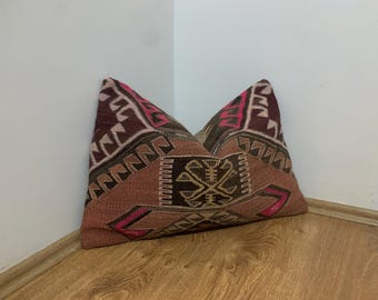 Turkish Rug Pillows, Kilim Lumbar Pillow Case -16x24 Colorful Throw Cover -Living Room Decor -Boho Pillow Couch