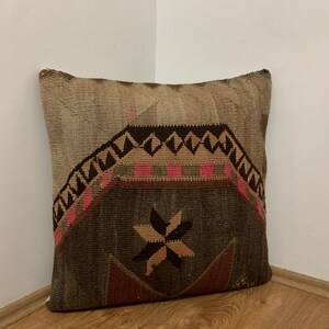 Beige Brown Kilim Pillow Cover 24x24, Turkish Wool Rug Pillows, Handmade Throw Cushion, Living Room Decor