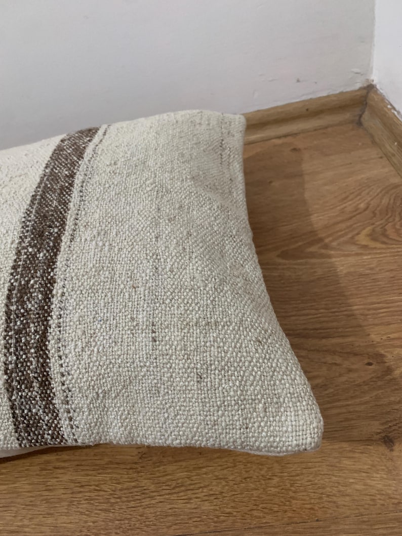 Vintage Lumbar Kilim Pillow Cover 16x24, Cream Brown Striped Pillows, Rustic Room Decor, Turkish Sofa Pillowcase image 6