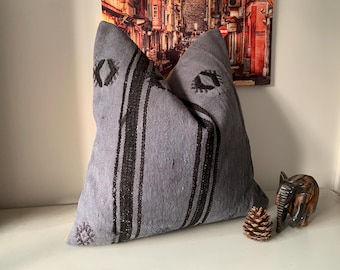 Turkish Kilim Pillow Cover 20x20, Vintage Rug Cushion, Indigo Black stripe Throw Pillows Farmhouse Decor