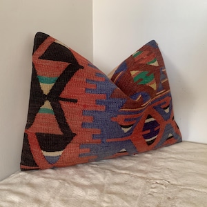 Handwoven Turkish Kilim Pillow, Brown Boho Lumbar Cover (16x24)