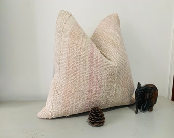 Tan Pink Hemp Pillow for Bed -20x20 Pillow Cover -Turkish Kilim Pillow -Kilim Cushion Cover -Sofa Pillow Case -Minimalist Decor -Rug Pillow