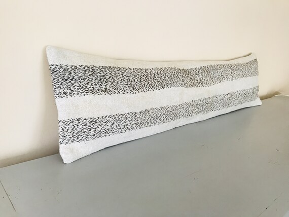 12x48 Kilim Lumbar Pillow Cover, Turkish Striped Long Pillow, Bedding Throws, Bedroom Decor, White Brown