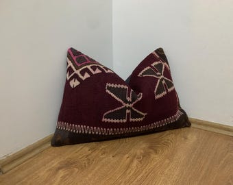 Handmade Kilim Pillow Cover 16x24 -Turkish Rug Pillow -Lumbar Throw Pillow -Decorative Pillow -Couch Cushion Cover -Boho Pillow Case