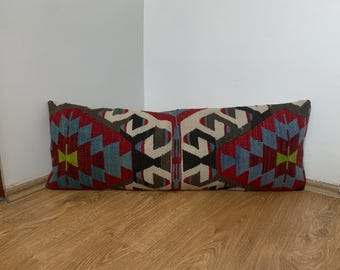 Colorful Bed Pillow -Bedroom Lumbar Pillow -12x33 -Turkish Kilim Pillow Cover -Long Throw Pillow -Bedding Cushion